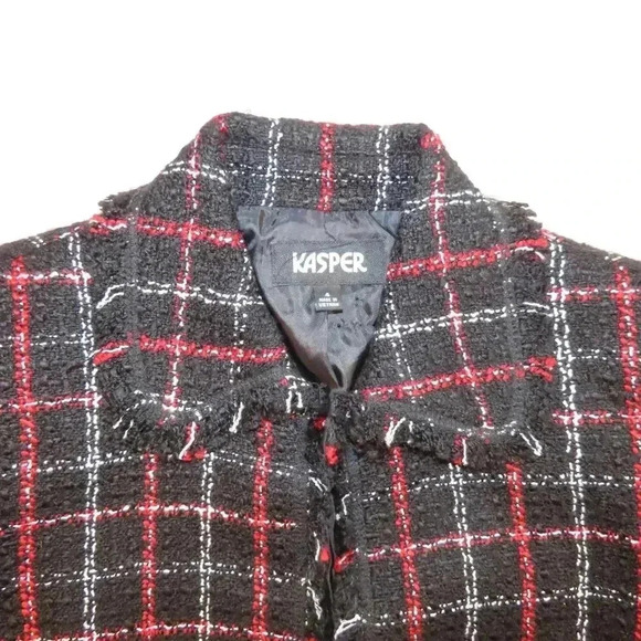 Kasper Tweed Tartan Plaid Blazer Black Red Size 4 Fringe Hem Open Front - Picture 3 of 7